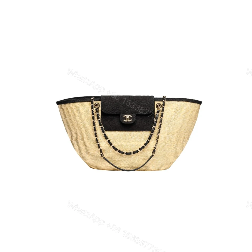 Chanel Small Shopping Bag Braided Straw Beige Black 25Cm — view 1