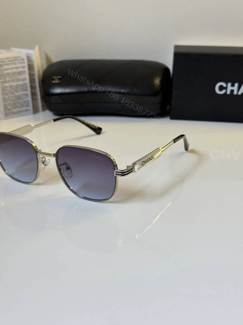 View 4 of First Copy Chanel Round Grey Lens Sunglasses Metal Frame Unisex UV Protection