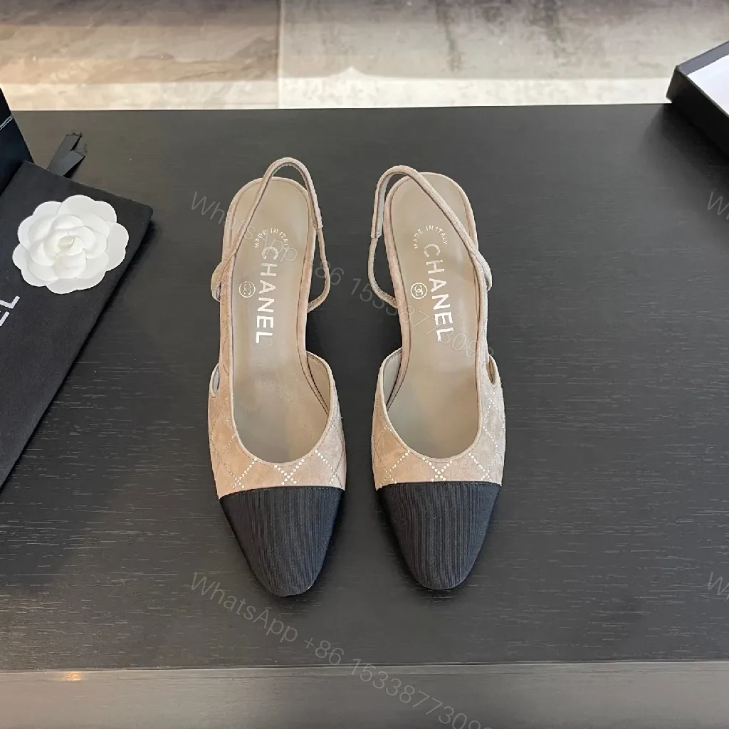 View 5 of Two-Tone Quilted Slingbacks: Neutral Beiges & Black Cap