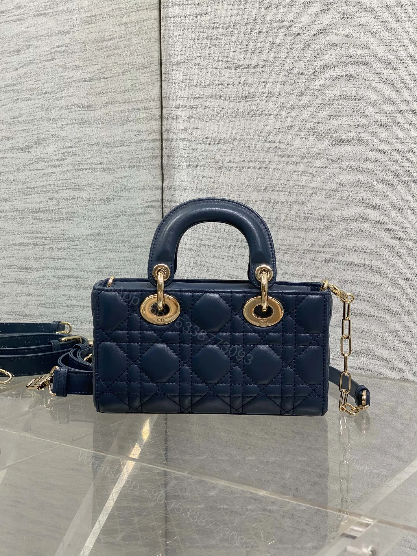 View 2 of DIOR SMALL LADY D‐JOY BAG 19 IN DARK BLUE CANNAGE GOLD HARDWARE