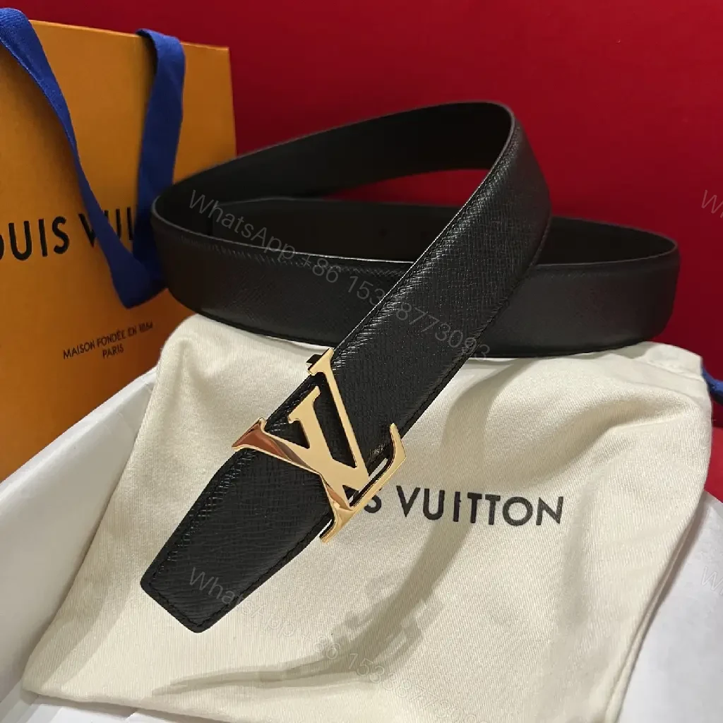 View 8 of Black Leather Belt with Silver LV Logo Buckle, Classic Pebbled Texture
