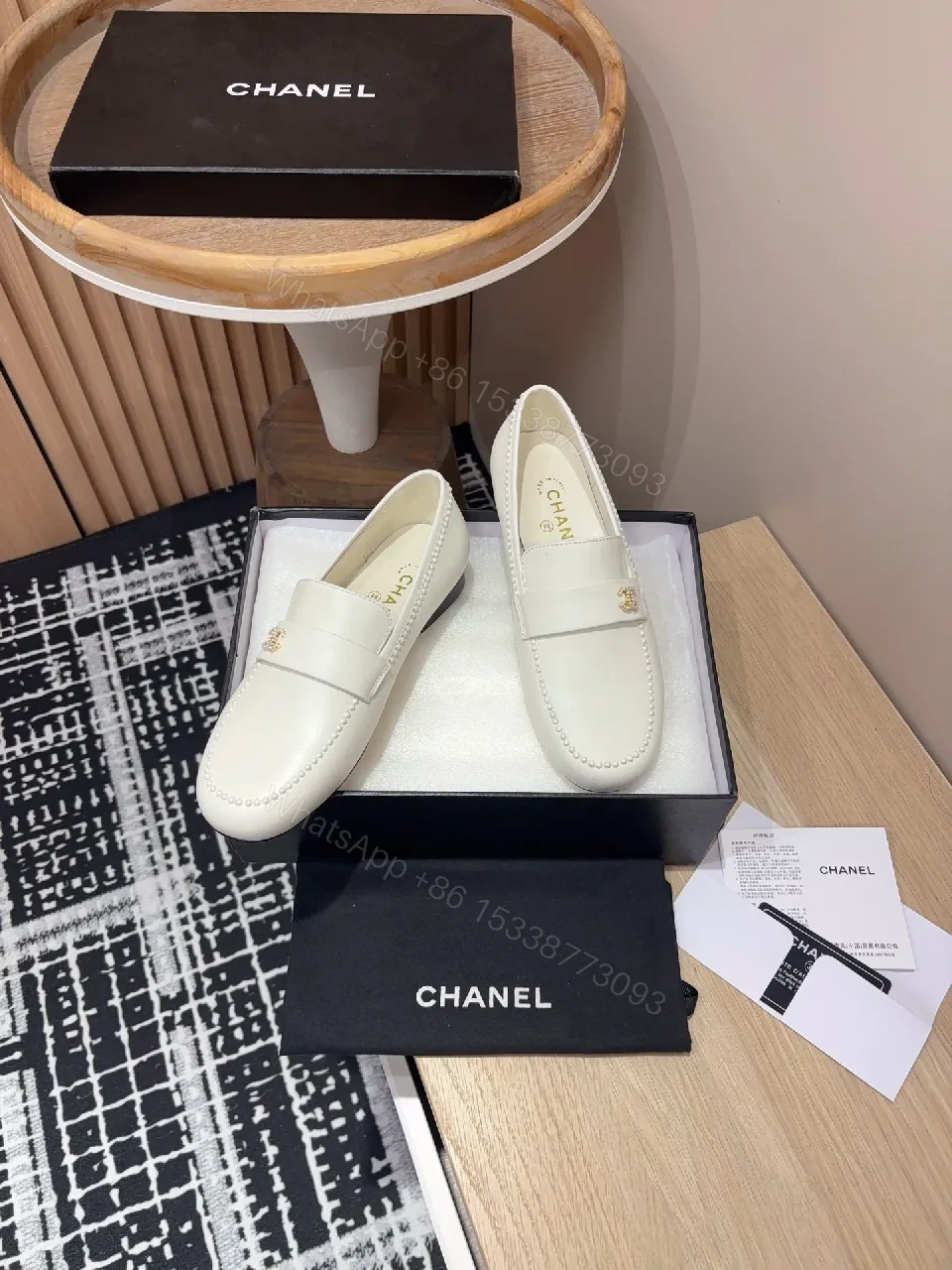 View 6 of Ivory Leather Loafers – Classic Gold Logo, Moccasin Toe