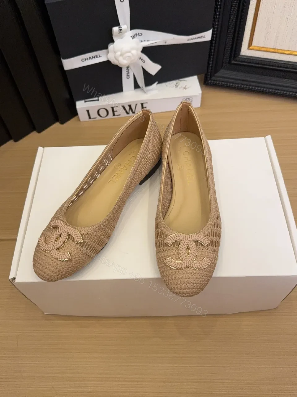 View 6 of Beige Woven Ballet Flats with Logo Embroidery, Elegant Comfort