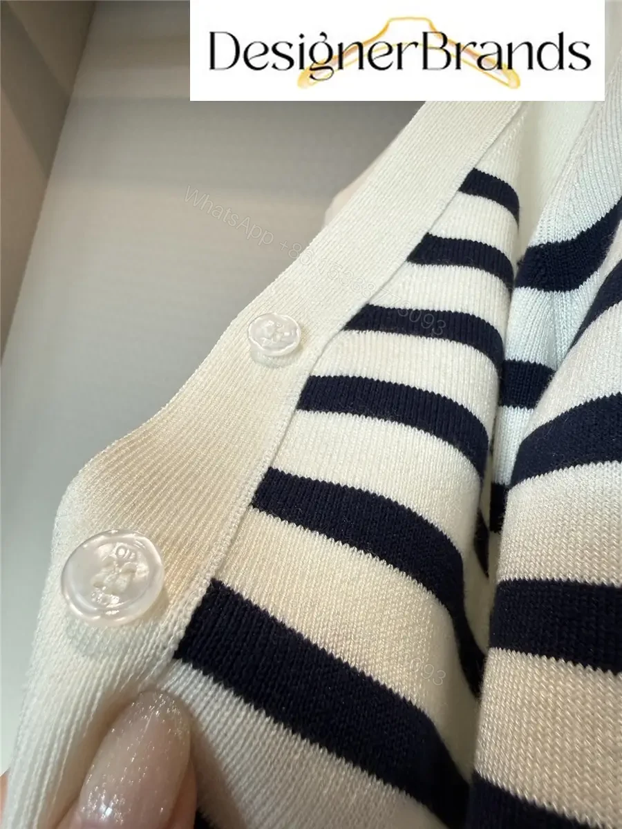 View 5 of White Navy Stripe Cardigan Knit Cardigan with Dior Logo