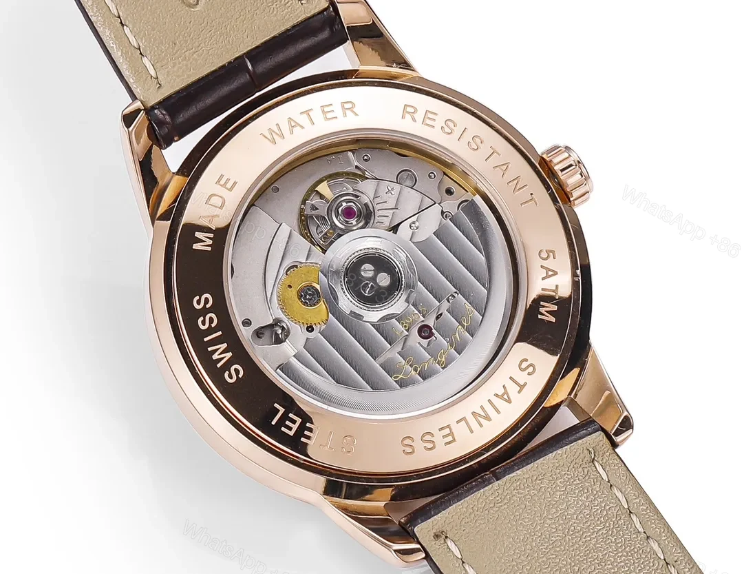 View 5 of Longines Conquest Classic Re Edition Cyclops Watch Rose Gold with Black Dial and Brown Leather Strap