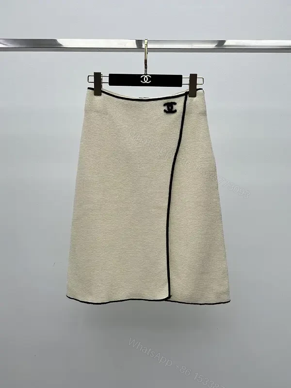 Beige Tweed Skirt with Black Piping and Chanel Logo Slim A-Line Skirt — view 1
