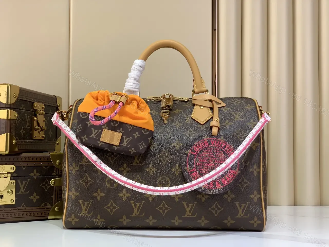 View 3 of Dark Brown Monogram Canvas Dome Tote with Pink-White Strap