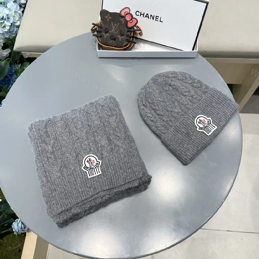 View 8 of Gray Cable-Knit Scarf & Beanie Set — Luxe Warmth, Subtle Moncler-Inspired Detail