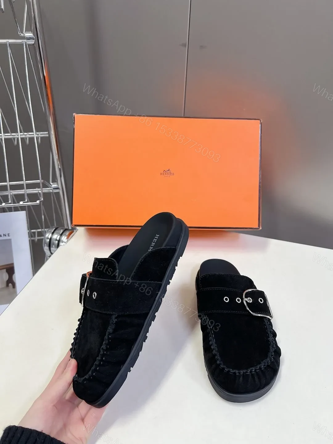 View 3 of Hermes Women Black Suede Buckle Mules