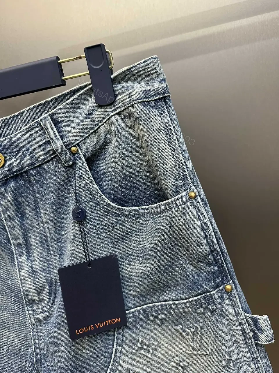 View 7 of Blue Denim Jeans Short - Louis Vuitton Embroidered Style Key Feature