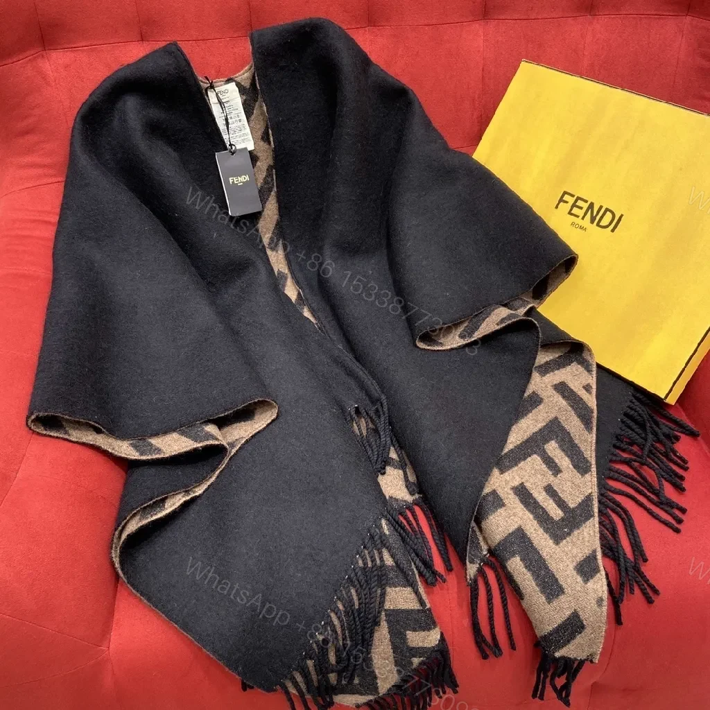 View 8 of Bold F-Inspired Monogram Wrap: Luxe Warmth & Fringe Detail