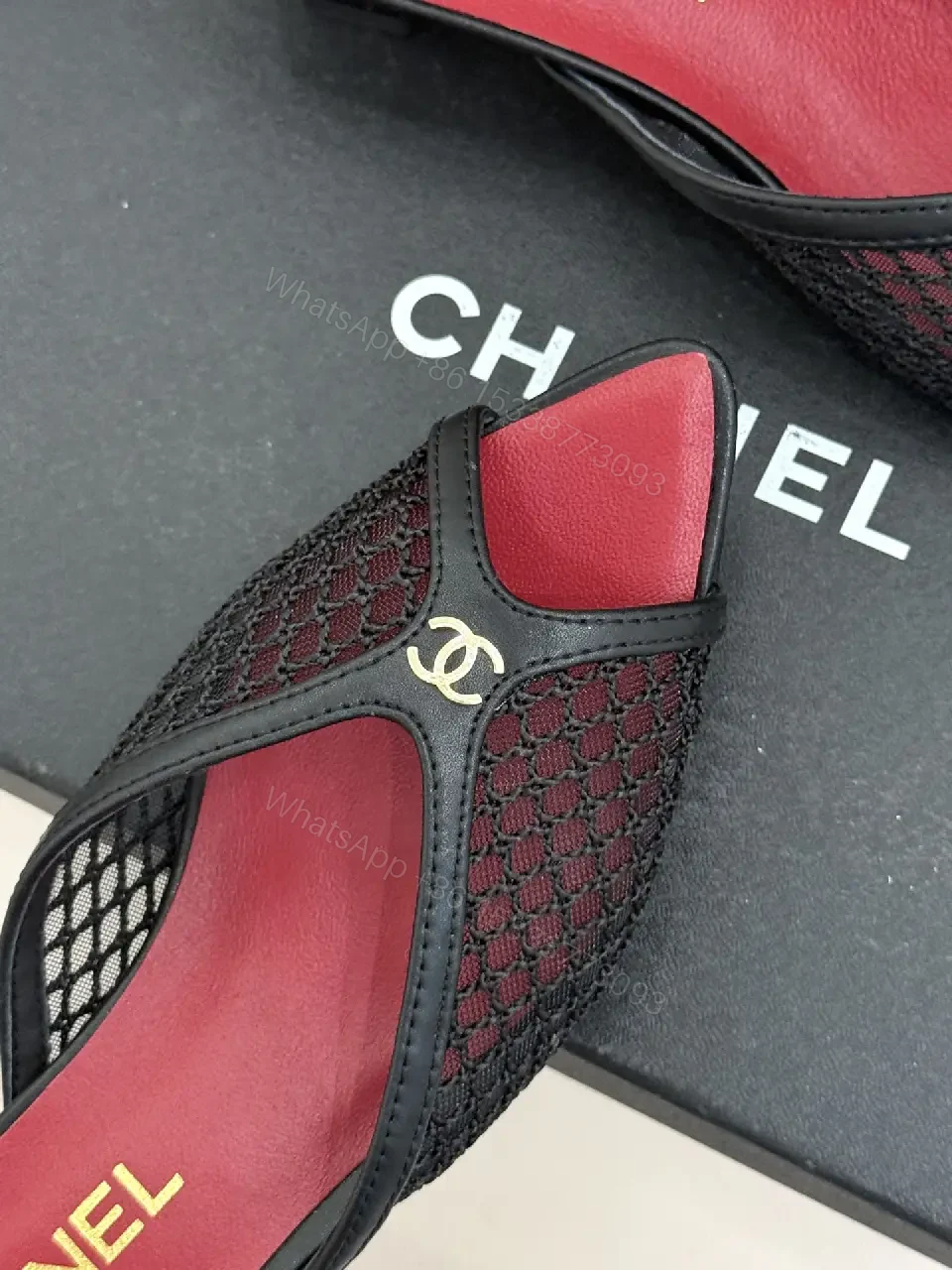 View 2 of Red/Black Satin Mesh Slip-On Heels Quilted Chain Bag (Chanel-inspired)