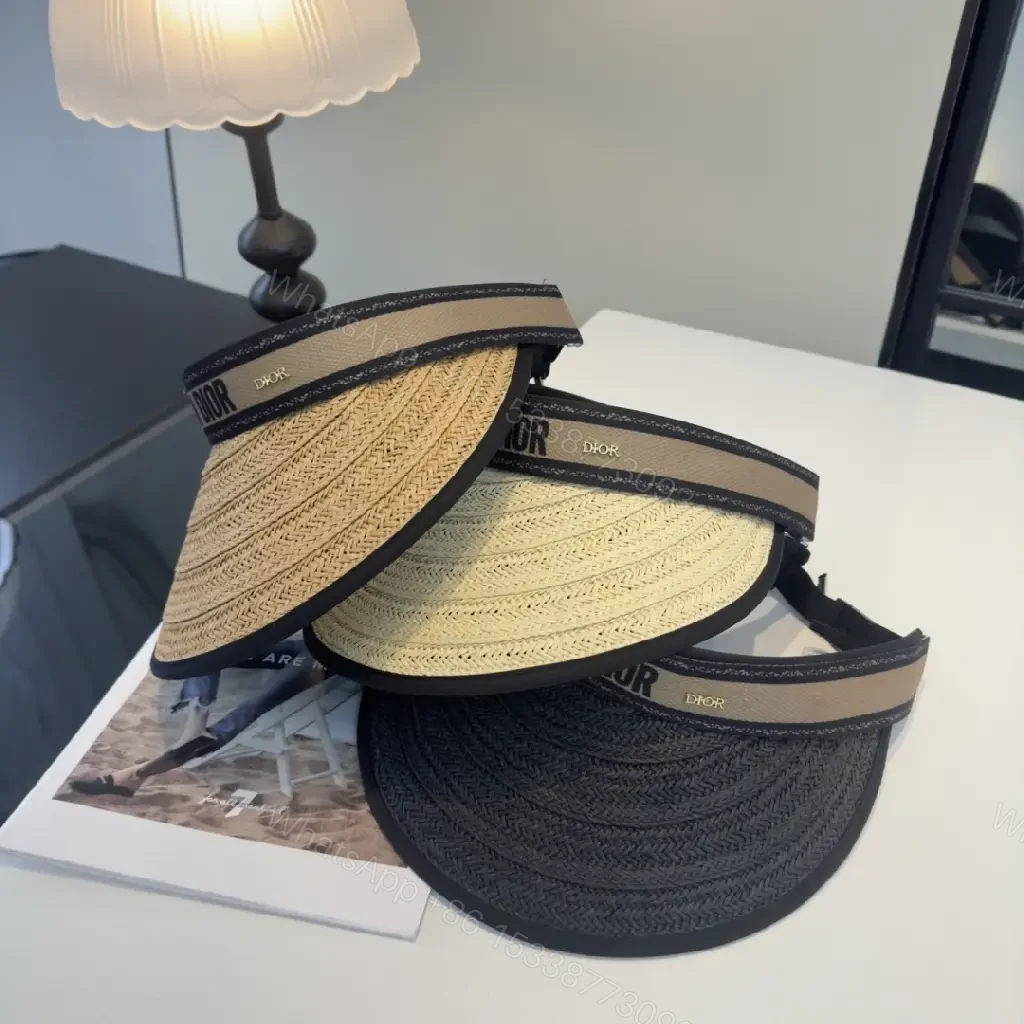 View 10 of Beige Braided Straw Visor Hat with Black Trim and Band