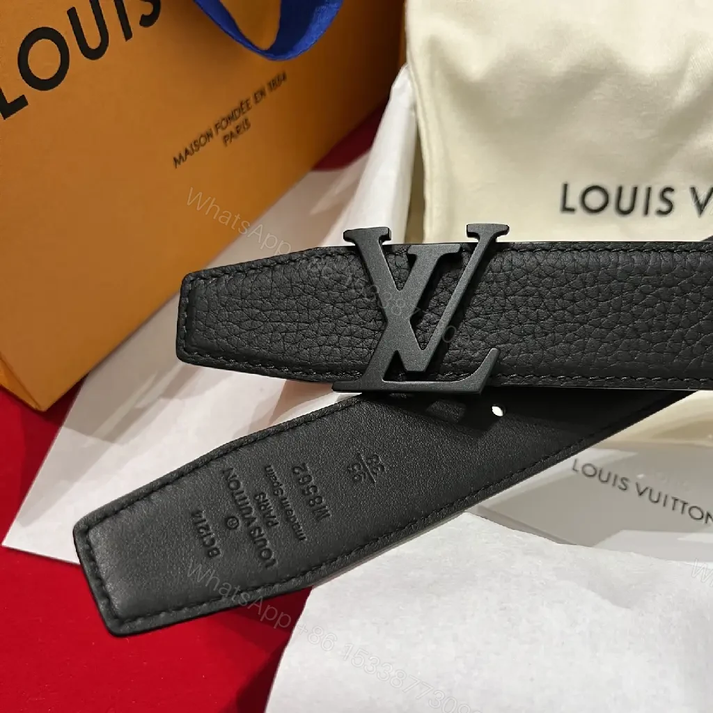 View 2 of Black Leather Belt with Silver LV Buckle - Sleek Classic Style
