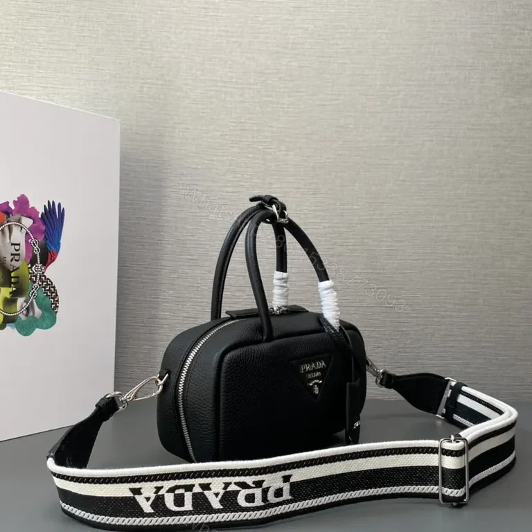 View 4 of Prada Black Mini Top-Handle Bag with Striped Strap