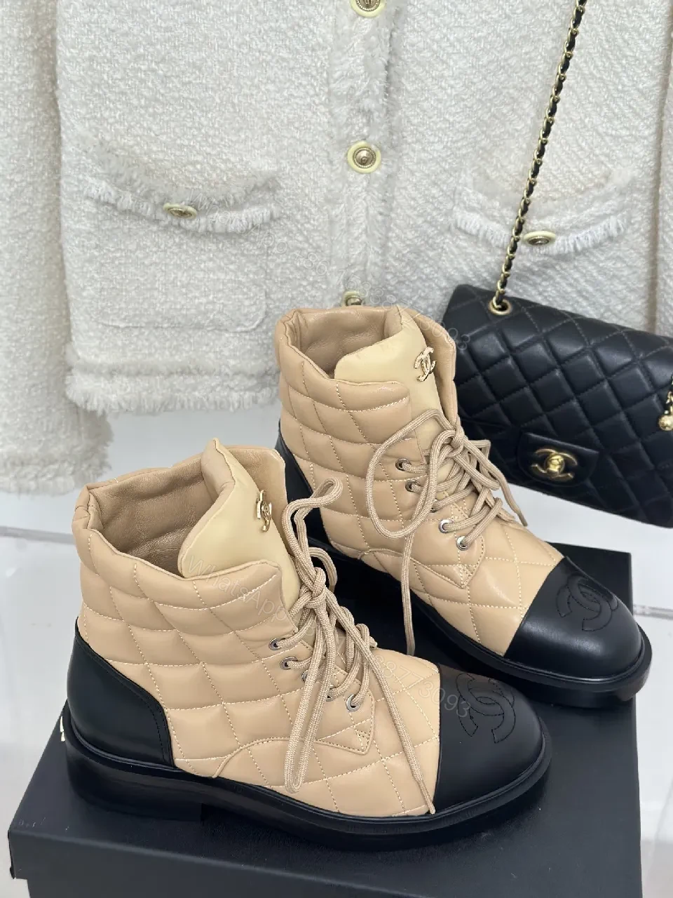View 3 of Quilted Nubuck Boots: Beige/Black, Modern Luxe Comfort