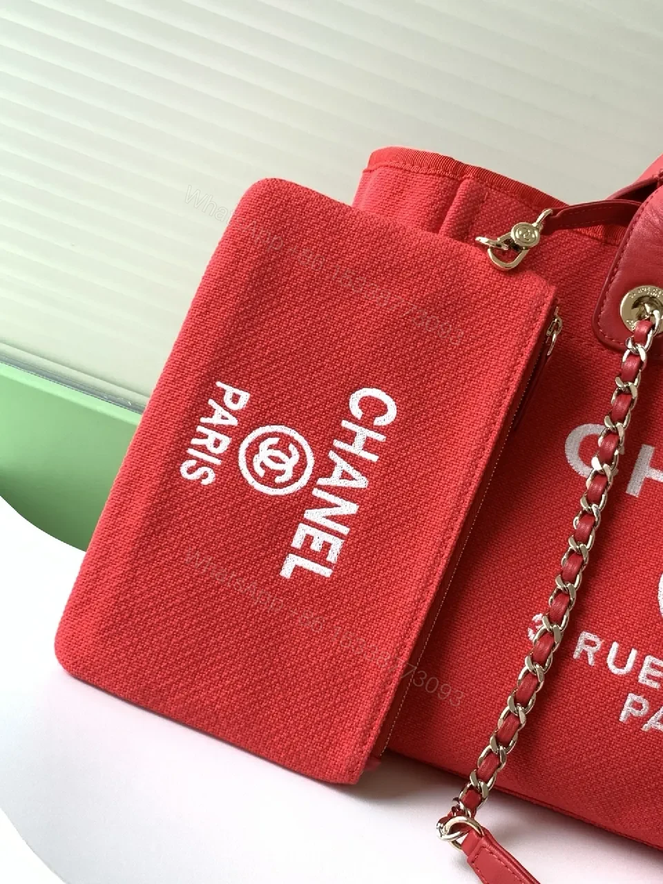 View 4 of Bold Red Canvas Tote with Logo & Chain Detailing