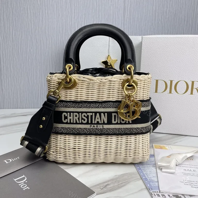 View 4 of Dior Structured Straw Handbag with Leather Trim & Logo Band