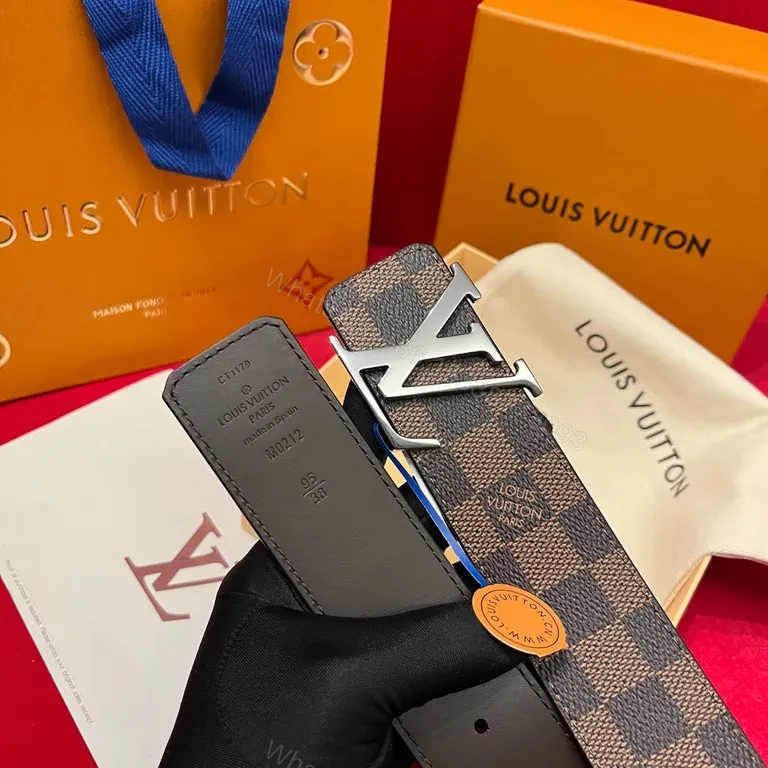 View 4 of Leather-Luxe LV Belt: Damier Pattern, Logo Buckle, All-Day Comfort