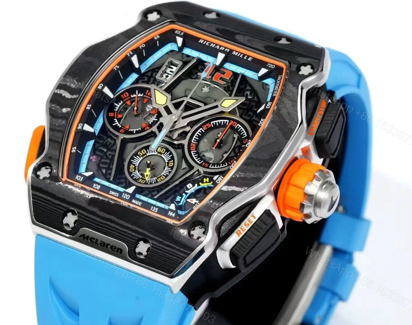 View 3 of Richard Mille RM65-01 McLaren W1 Automatic Chronograph Watch Blue Strap Carbon TPT Titanium Skeleton Dial RMAC4 Movement Premium Edition RM65-01-MCL-W1-BLU