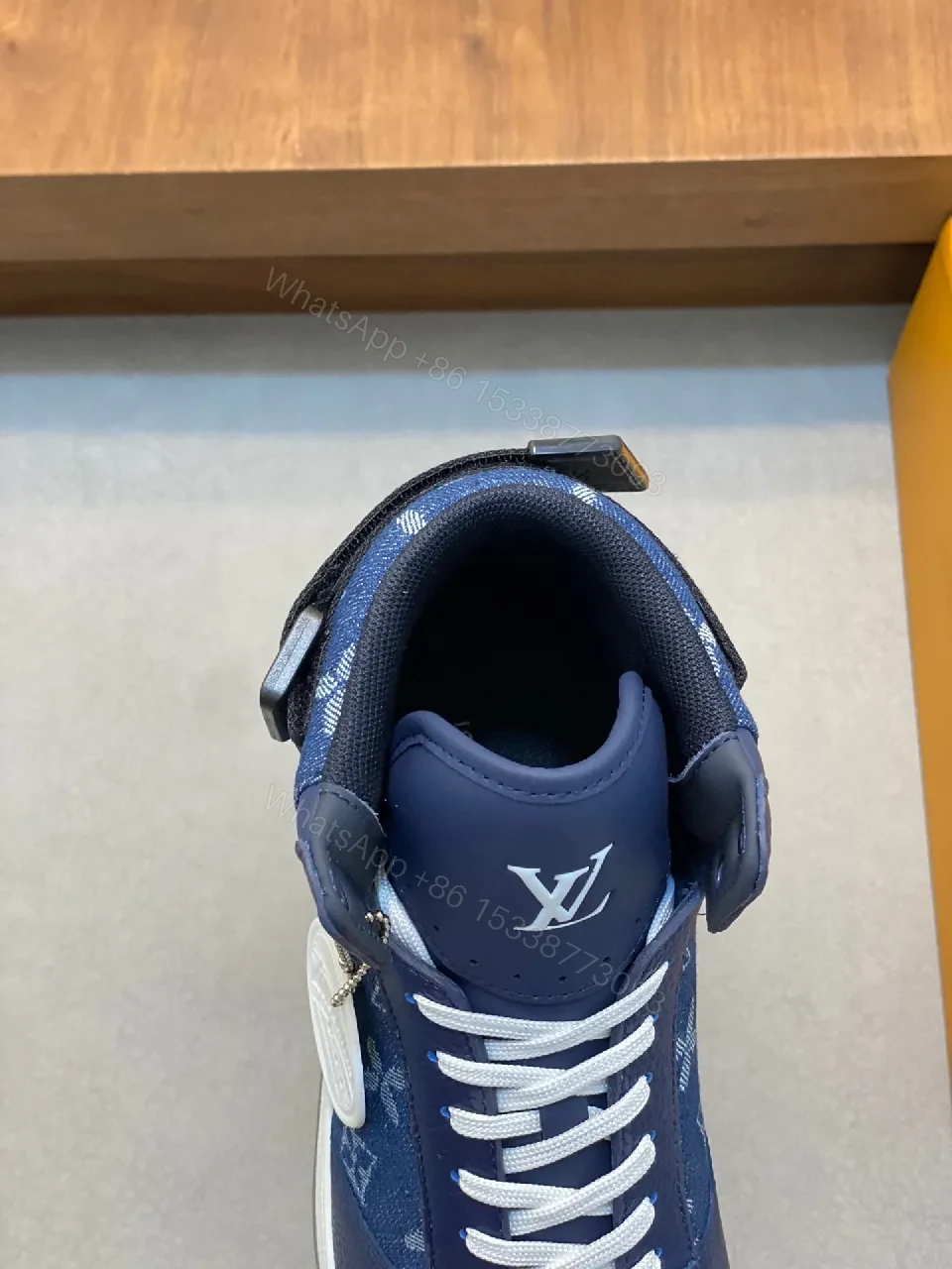 View 6 of Blue Patchwork Leather-Textile High-Top Sneakers with Monogram Feature