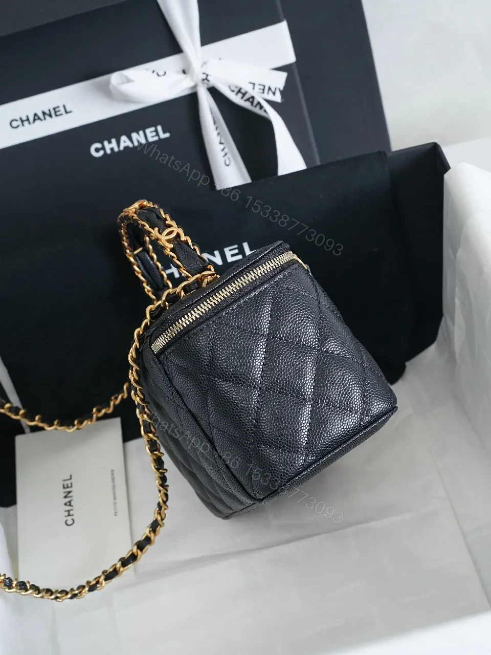 View 4 of Quilted Black Leather Mini Bag: Gold Chain, Iconic CC