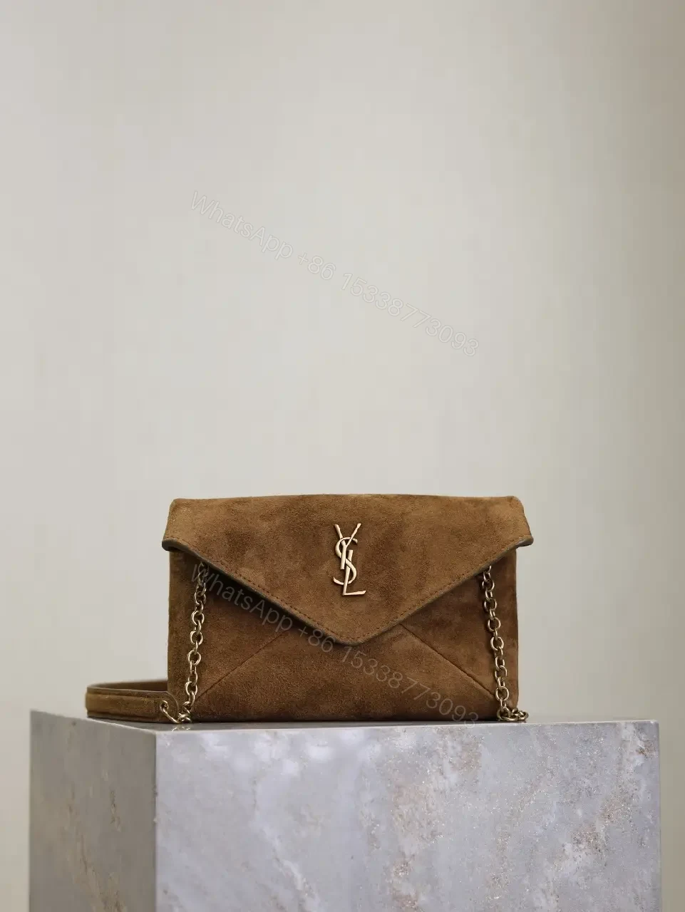 View 6 of Suede Cognac Envelope Bag with Gold Logo Clasp