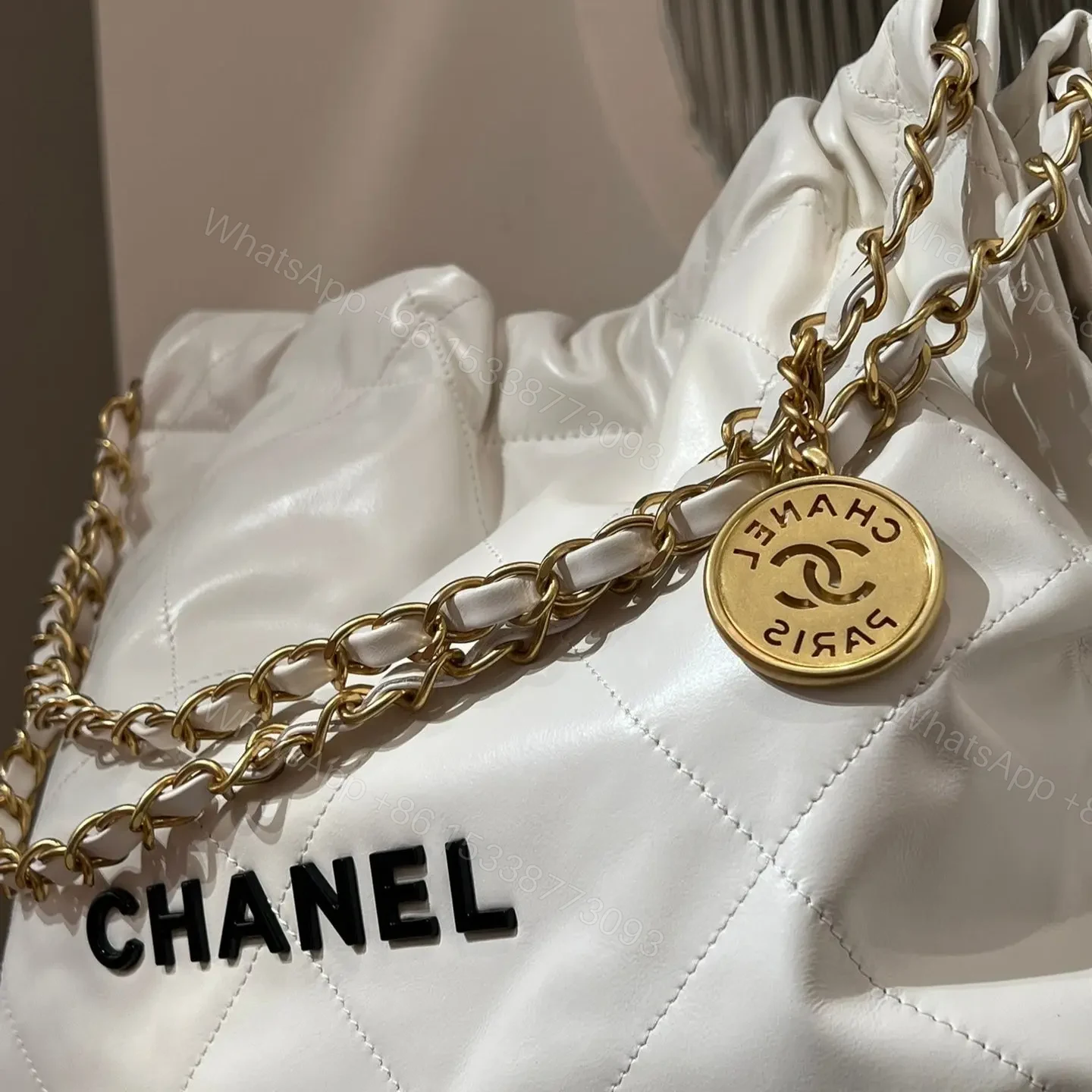 View 4 of CHANEL 22 Bag Small White Lambskin Leather