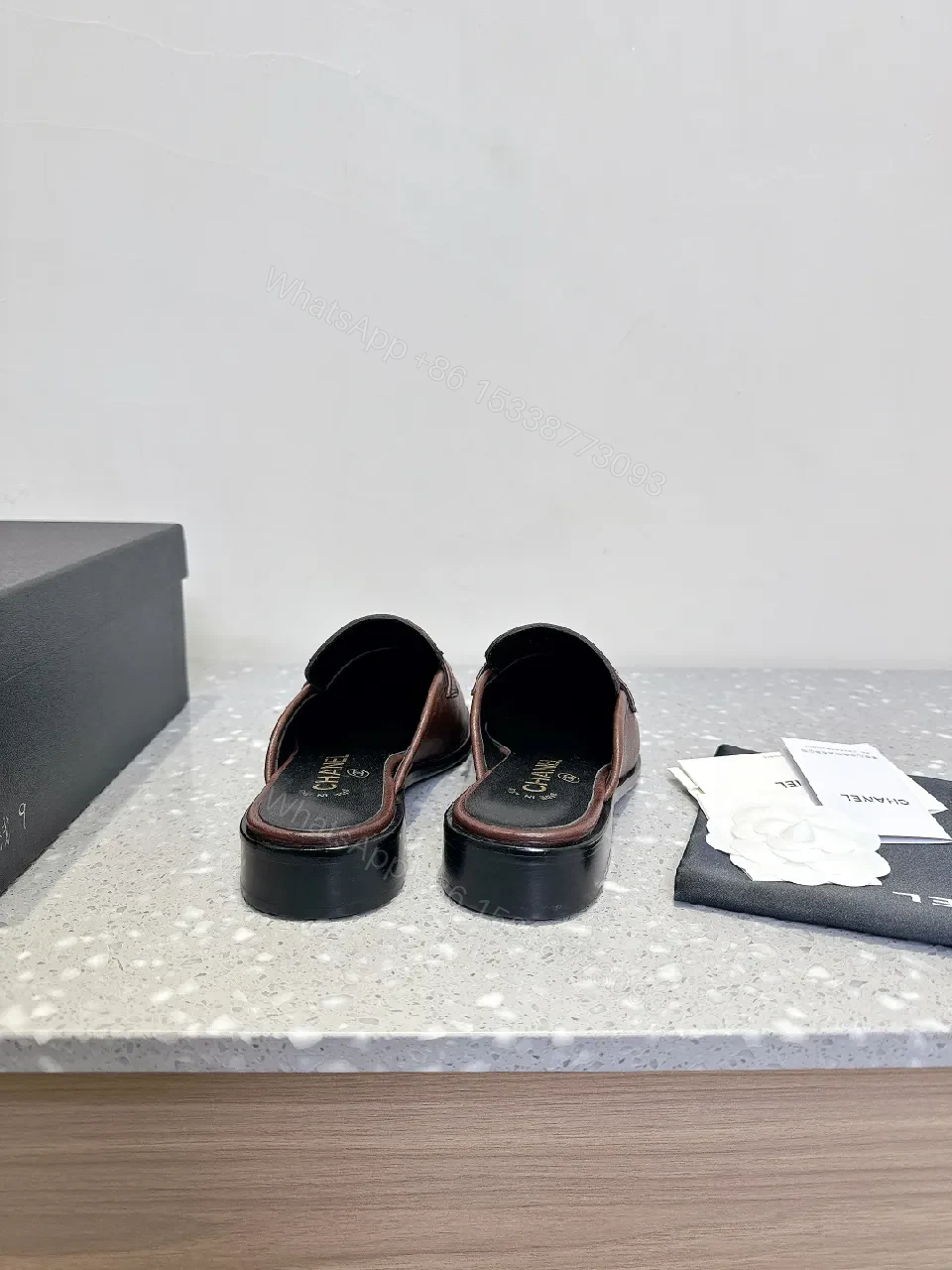 View 3 of Brown Leather Mules + CHANEL Strap + Minimalist Couture + Memory-Foam Comfort + Mules
