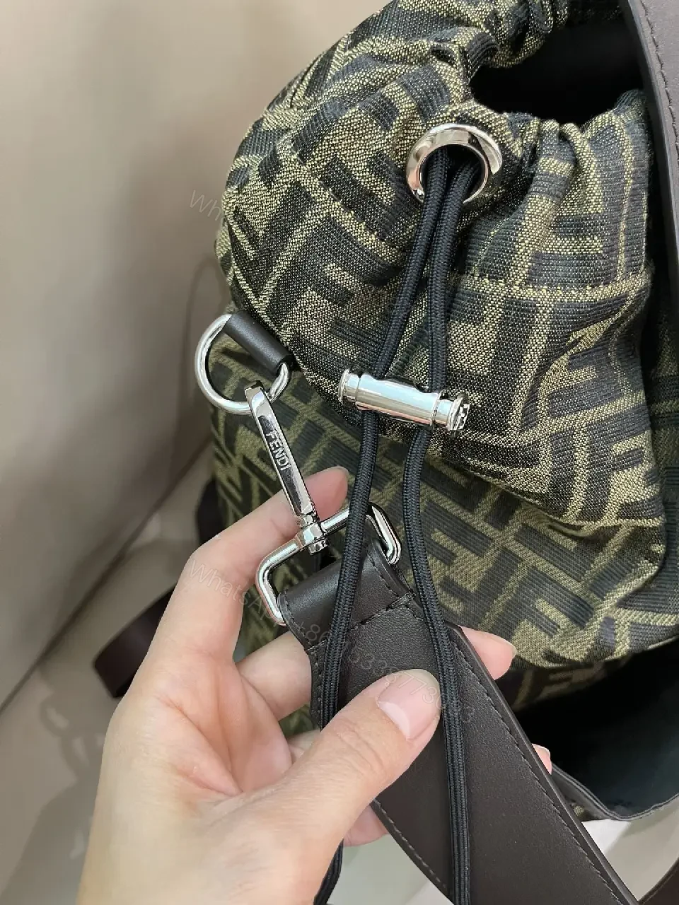 View 4 of Brown/Olive Modern Backpack with Fendi Monogram, Leather Accents, Gray Flap