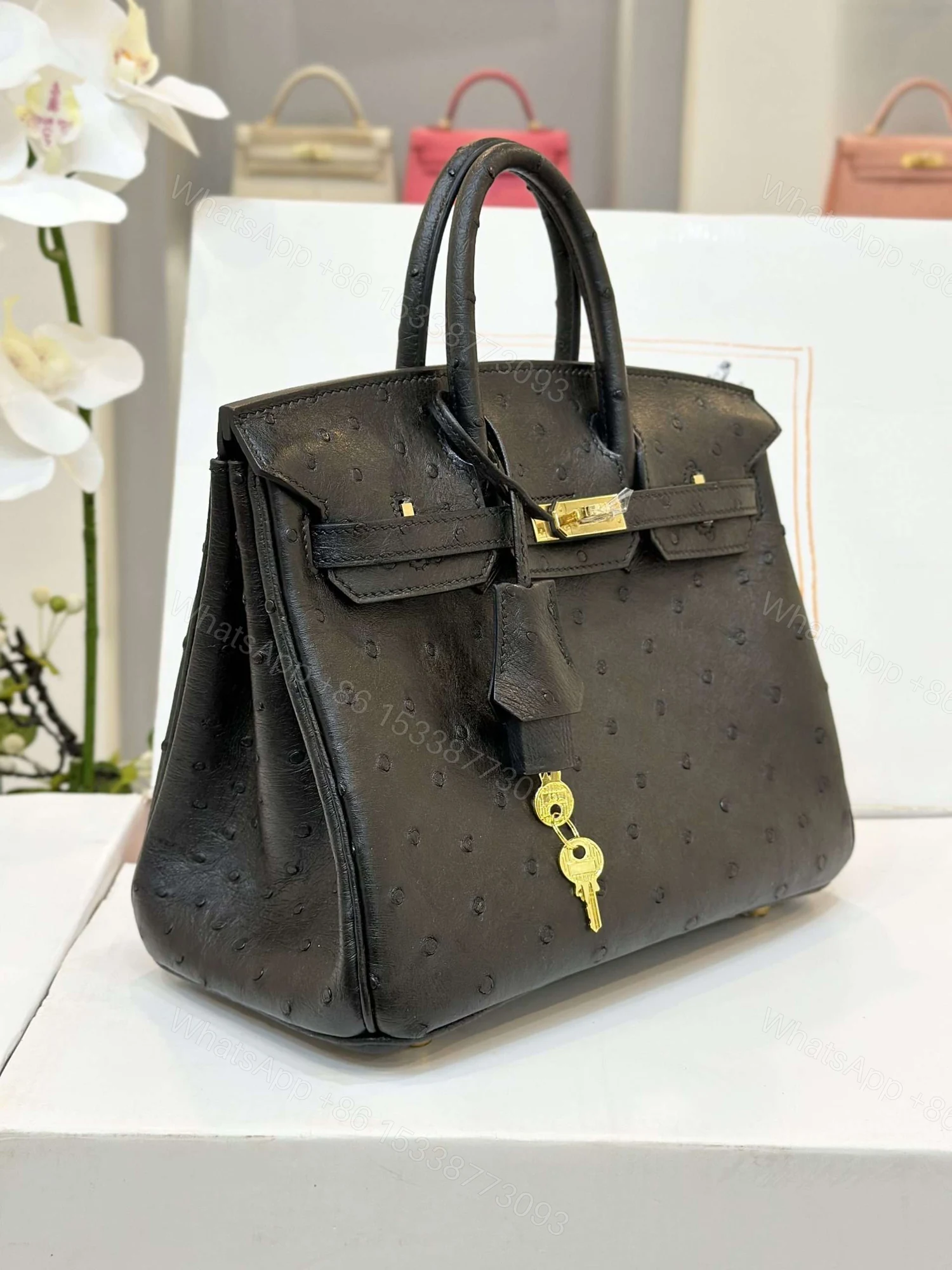 View 2 of Hermes Birkin 25 Black Ostrich Leather Gold Hardware