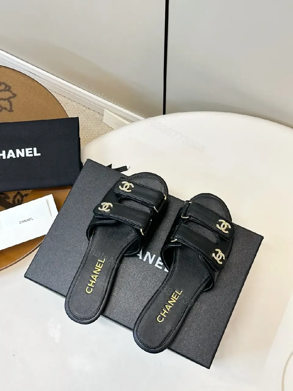 View 10 of Black Leather Slip-On Sandals with Gold Hardware - Sophisticated Everyday Glam