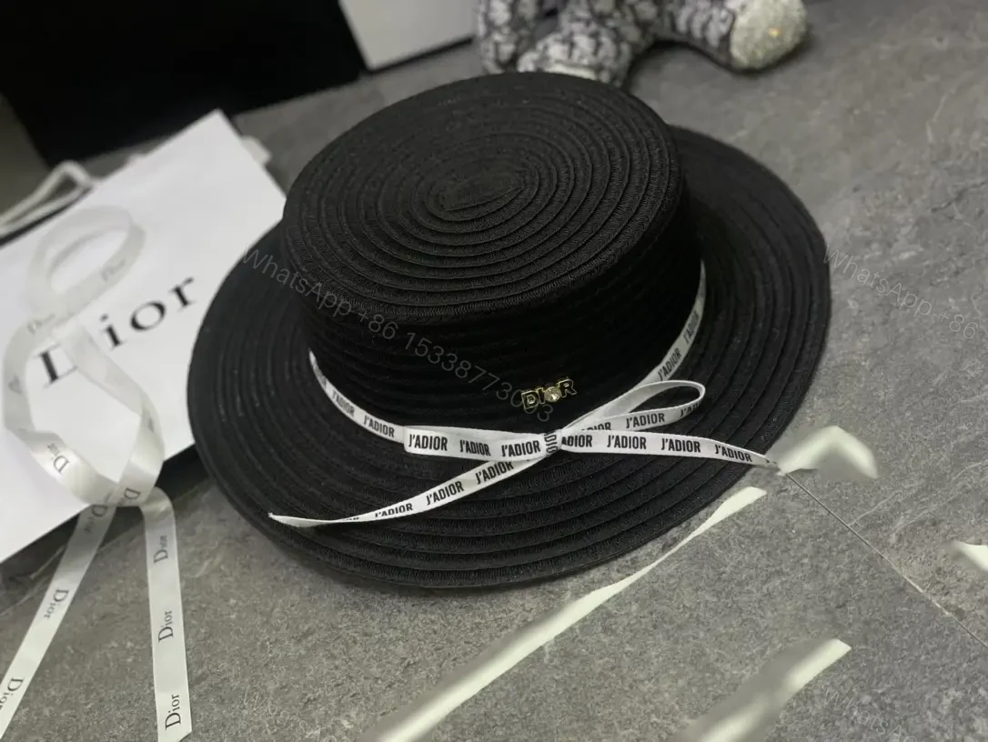 View 9 of Beige/Black Wide-Brim Straw Hat with L’ADIOR Ribbon, DIOR Emblem