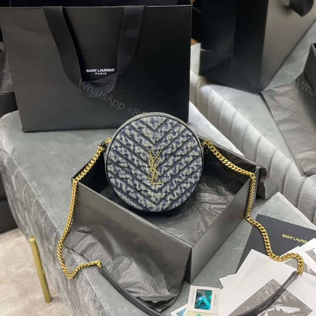 Saint Laurent YSL Women Vinyle Round Camera Bag in Chevron-Quilted Denim and Suede — view 1