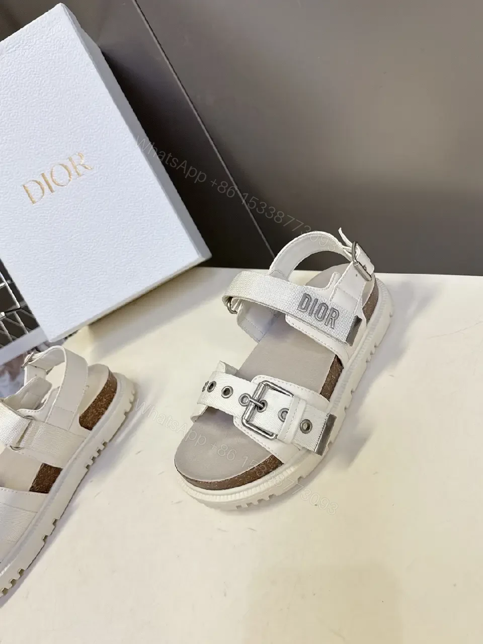 View 10 of White Leather Sandals, Combat Buckle, Dior Inspired Style, Open Toe Sandals
