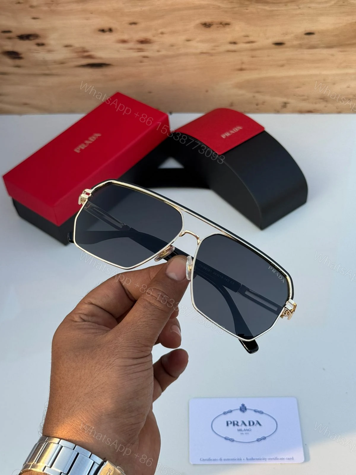View 2 of Prada Aviator Square Silver Dark Grey Sunglasses