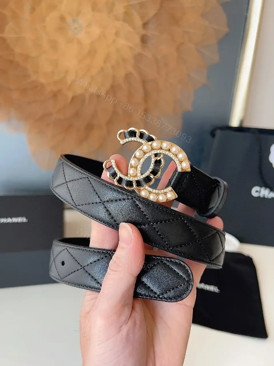Quilted Black Belt with Pearl Buckle - Lux Style Accessory — view 1