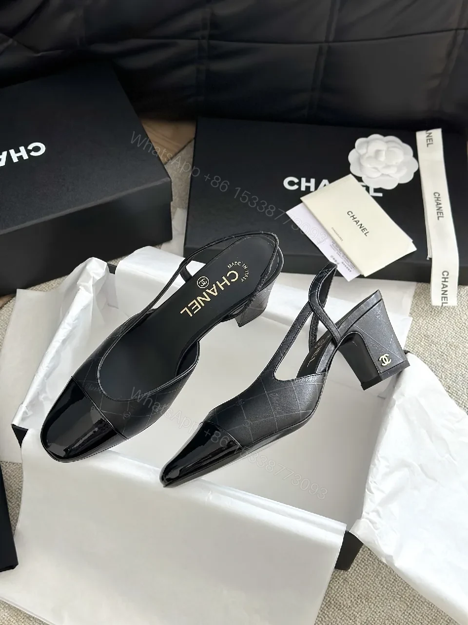 View 3 of Black Leather Slingbacks with Cap Toe – Quilted, Durable Comfort
