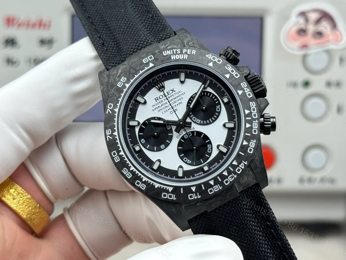 View 2 of Rolex Daytona Carbon Fiber Panda Replica 40MM Premium Black Fabric Strap R74-PANDA-BLACK