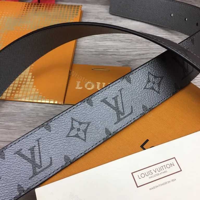 View 6 of Gray Leather Belt with Gold LV-Inspired Buckle