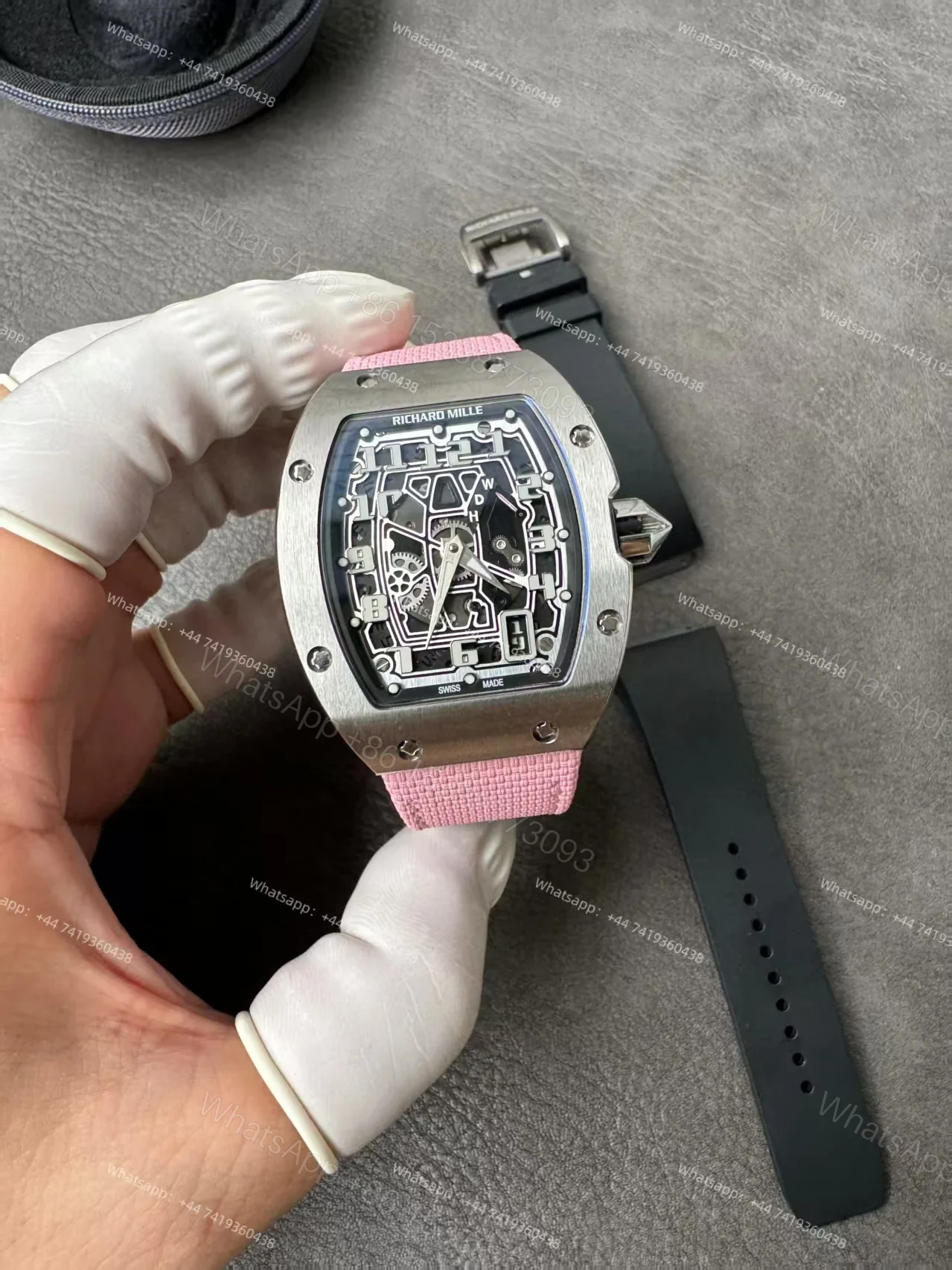 View 5 of Super Clone Richard Mille RM 67-01 Titanium Skeleton Pink Velcro Strap