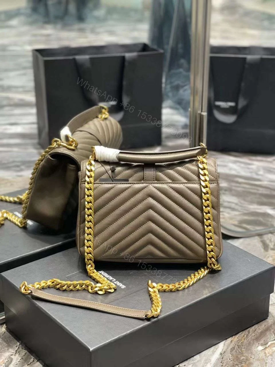 View 3 of Saint Laurent Sheepskin Matelasse Chevron Monogram Medium College Bag
