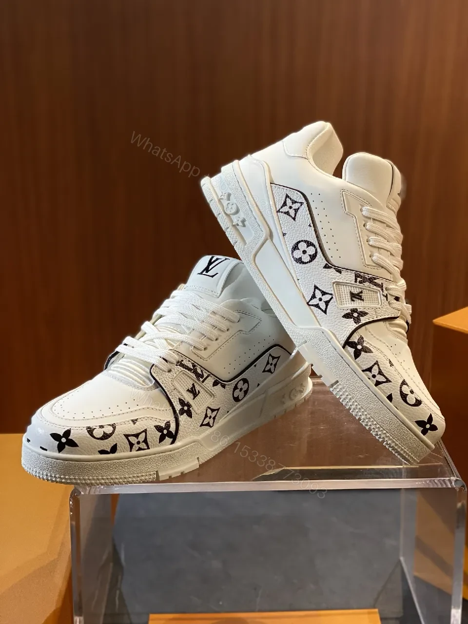 View 4 of White Leather LV-Patterned Sneakers: Luxe Monogram Streetwear