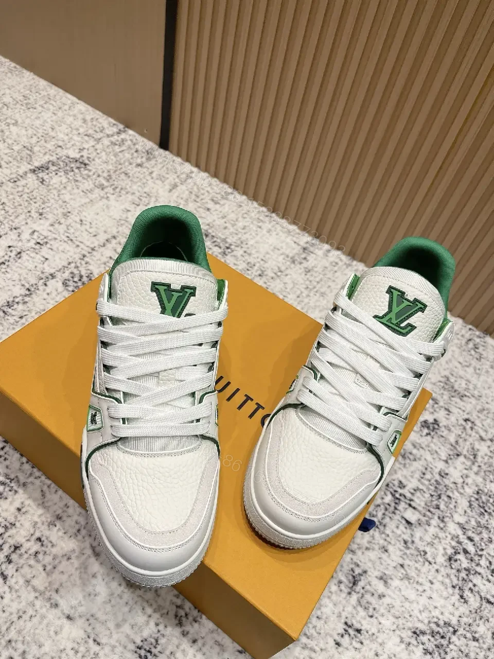View 4 of White Leather Sneakers with Green Accents: Luxury Everyday Streetwear