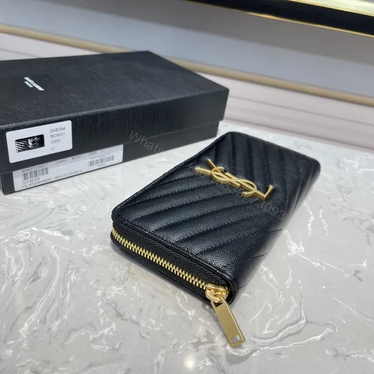 View 9 of Quilted Black Calfskin Wallet with Gold YSL Logo