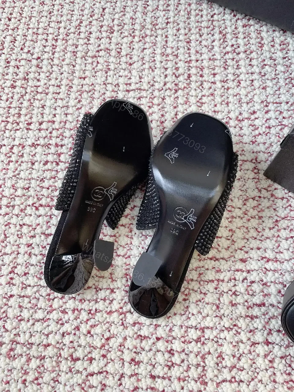 View 8 of Black Velvet Crystal Dainty Mules with Chanel Logo Heels