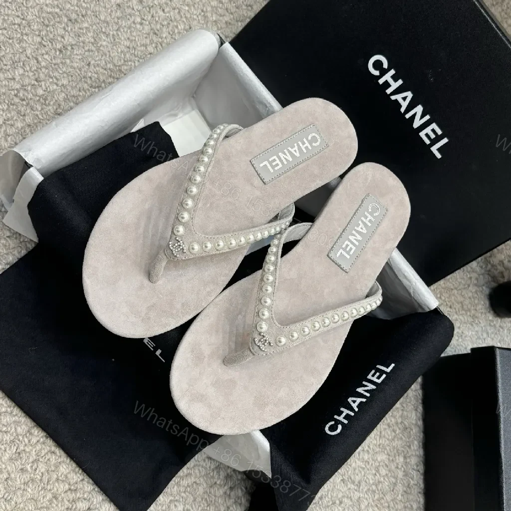 View 6 of Pearl-Embellished Suede-Texture Flip-Flops: Luxe Charm Sandals