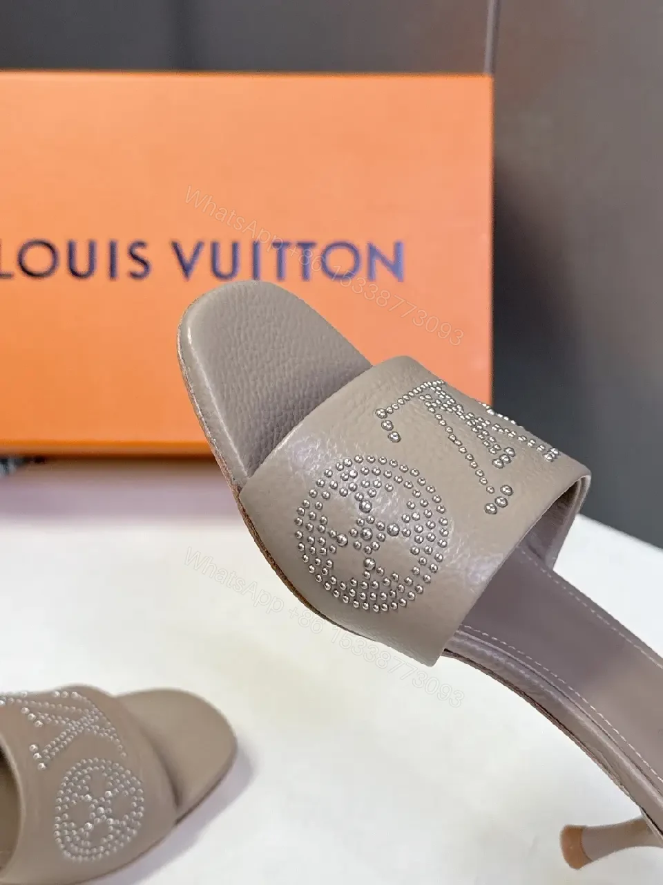 View 3 of Minimalist Taupe Leather Slides with Rhinestone Logo Embellishment