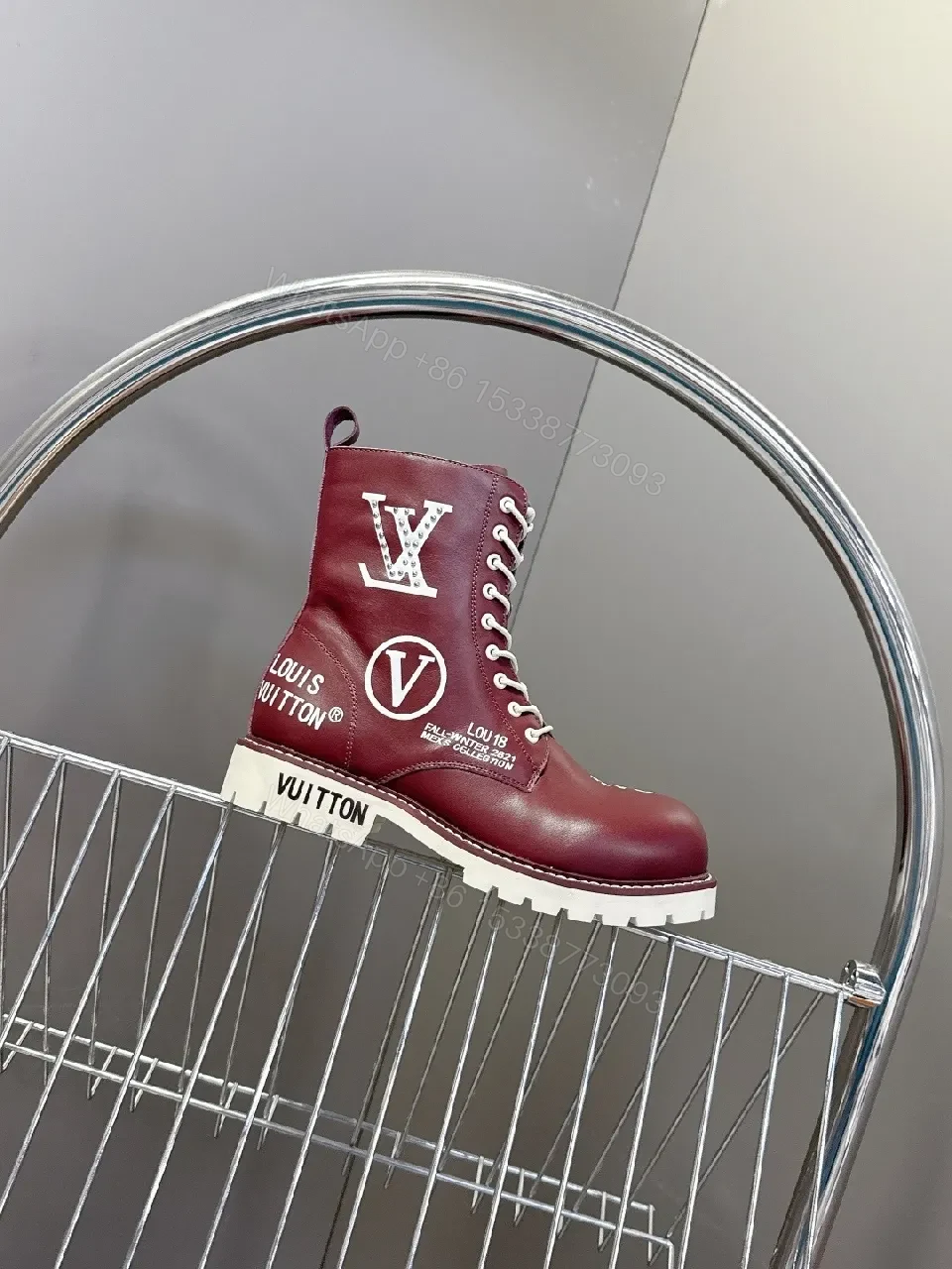 View 3 of Bold Burgundy Combat Boots with Contrast Stitching and Zipper