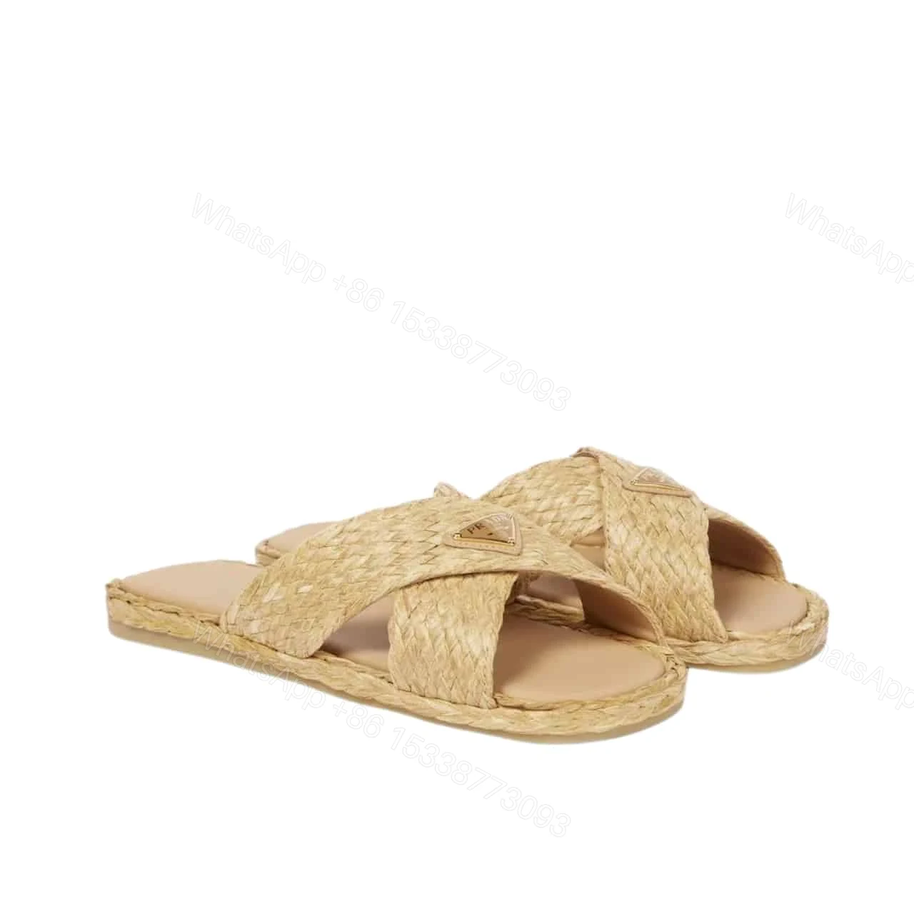 PRADA RAFFIA CRISSCROSS SLIDES NATURAL — view 1